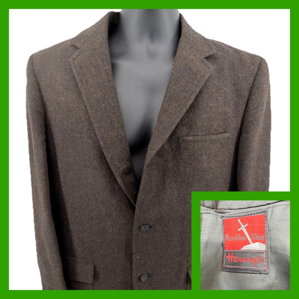 VTG 1969 Harvey's Excalibur Shop 2pc Wool Suit 40R Brown Tweed Union Made 60s
